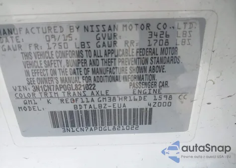 2016 Nissan Versa 1.6 Sv z USA, uszkodzony, nr VIN 3N1CN7AP0GL821022